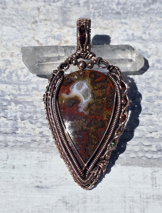 Plume Agate Copper Wrapped Pendant: Garnet, Citrine & Peridot