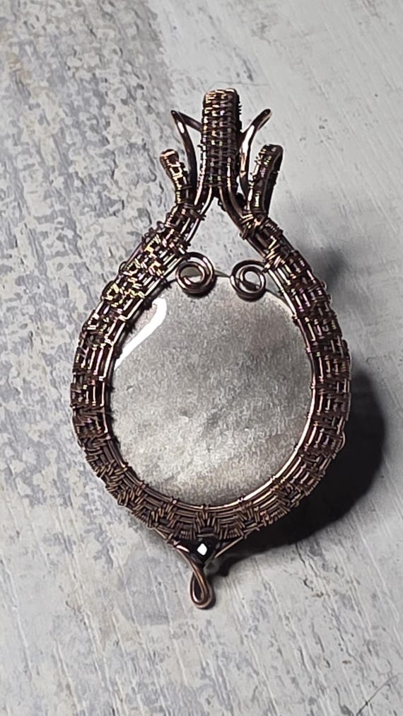 Hand Woven Copper Silver Sheen Obsidian Pendant.