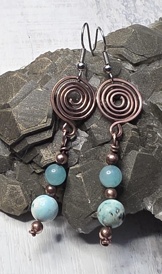 Amazonite Spiral hammered copper earrings with Sterling Silver ear wires.