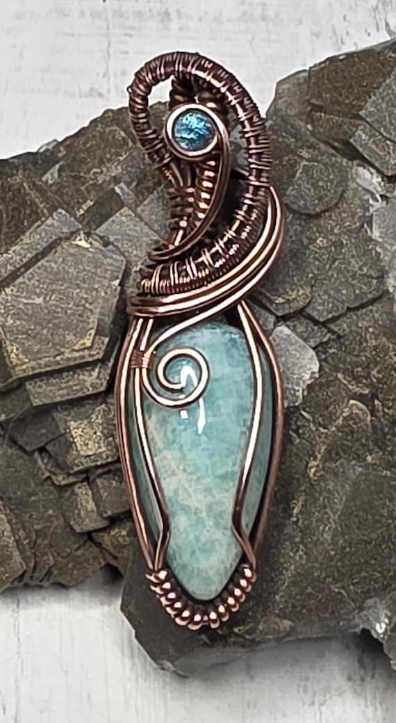 Hand Woven Copper Amazonite Pendant accented with a Blue Apatite