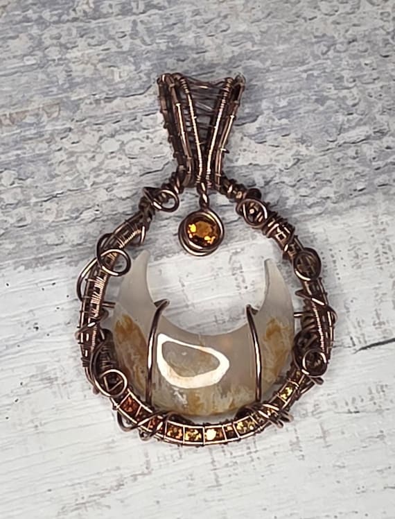 Plume Agate Copper Wrapped Pendant: Citrine Accents.