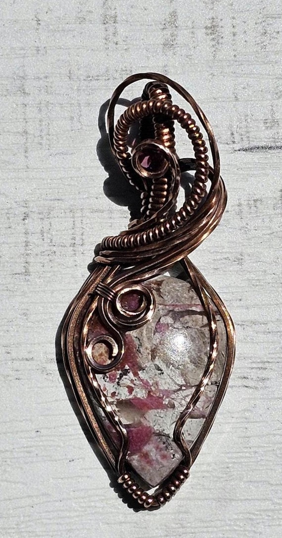 Cobaltian Calcite accented with a Raspberry Garnet, Hand Woven in Copper