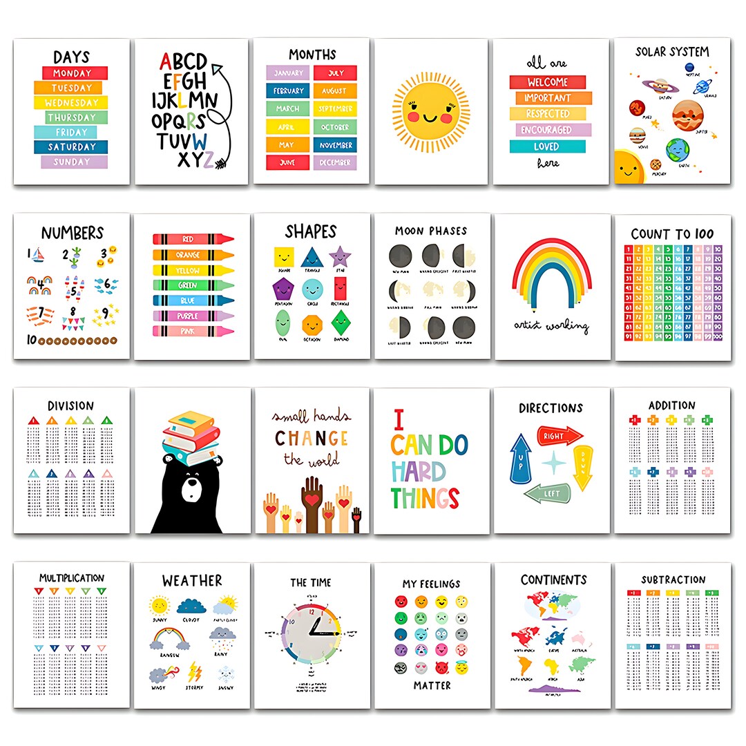 Set of 24 Alphanumeric Shapes Colors Education Kids Posters Nursery ...