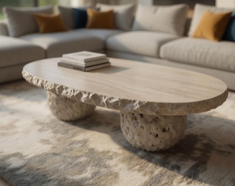 Organic Travertine Coffee Table, Sculptural Pedestal Design, Modern Living Decor