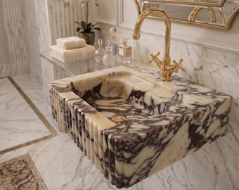 Lavabo in marmo viola scanalato e intagliato a mano – Lavabo artigianale in pietra naturale