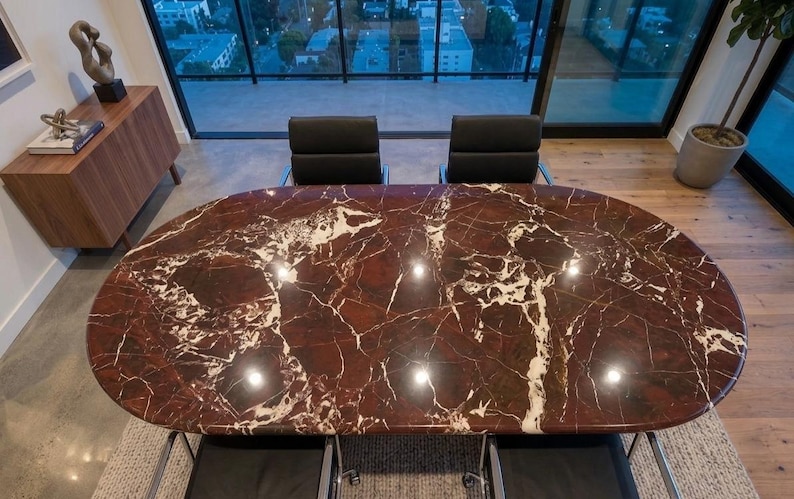 Red Marble Dining Table,Oval Luxury Conference Table, Rosso Levanto Marble Office Desk, Mid Century Modern Executive Table, Custom Furniture image 2