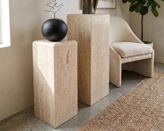 Natural Travertine Pedestal Stand, Minimalist Sculpture Base, Beige Stone Plinth Set