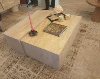 Travertine Stone Coffee Table, Modern Minimalist Living Room Furniture, Beige Natural Finish