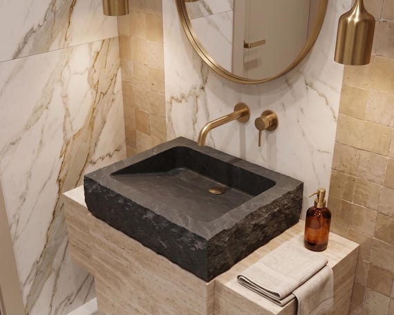 Handmade Black Marble Vessel Sink, Textured Natural Stone Bathroom Basin