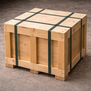 Pu&ograve; includere: Una grande cassa di legno quadrata con finitura in legno naturale. Cinghie verde scuro fissano il coperchio. La cassa &egrave; costruita con supporti in legno verticali e orizzontali e poggia su blocchi di legno.