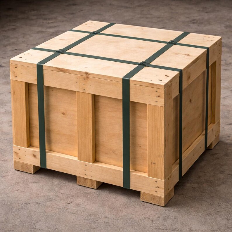 Pu&ograve; includere: Una grande cassa di legno quadrata con finitura in legno naturale. Cinghie verde scuro fissano il coperchio. La cassa &egrave; costruita con supporti in legno verticali e orizzontali e poggia su blocchi di legno.
