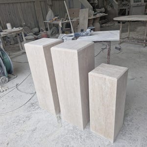 Natural Travertine Pedestal Stand, Minimalist Sculpture Base, Beige Stone Plinth Set image 14