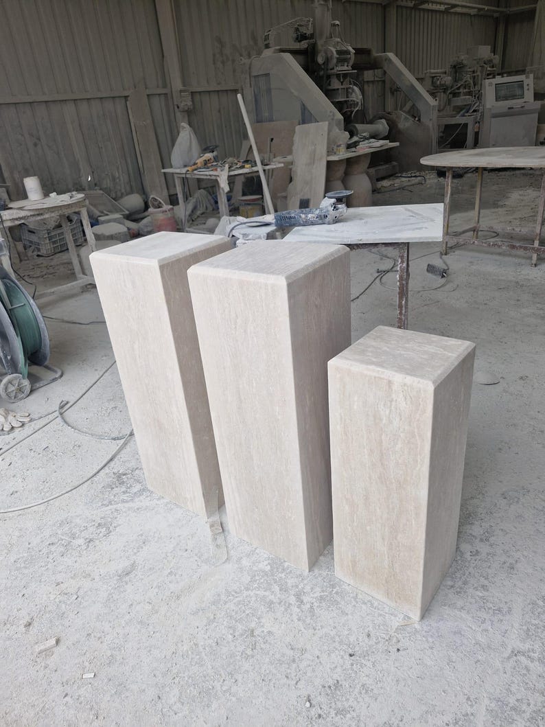 Natural Travertine Pedestal Stand, Minimalist Sculpture Base, Beige Stone Plinth Set image 14