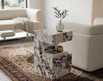 Calacatta Viola Marble C-Shaped Side Table, Modern Luxury Stone Nightstand