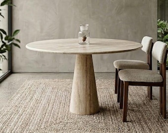 Round Travertine Dining Table, Natural Stone Pedestal Side Table, Beige Marble Home Decor