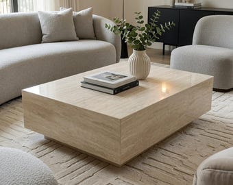 Matte Travertine Coffee Table, Handmade Stone Center Table, Organic Modern Wabi Sabi Furniture