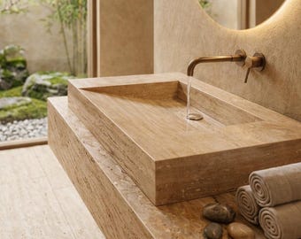 Lavabo in travertino naturale – Lavabo da appoggio beige – Bagno di lusso in stile spa