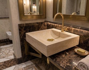 Lavabo in pietra beige fatto a mano – Lavabo da appoggio naturale – Lavabo da bagno di lusso – Travertino massiccio