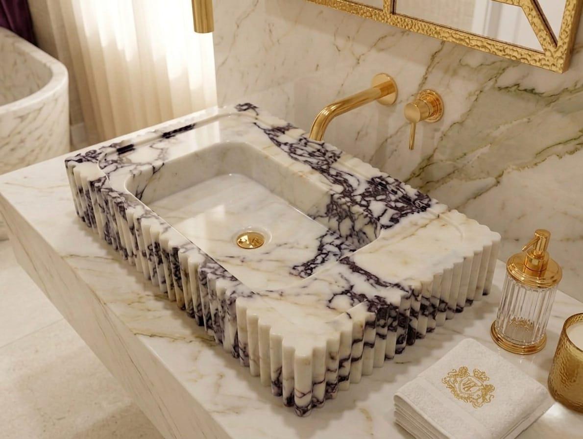 Fluted Calacatta Viola Marble Vessel Sink, Handcrafted Ribbed Stone ...