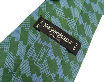 Ultra Rare Vintage Yves Saint Laurent Silk Tie by 70s 80s Wide 12 cm Designer Necktie YSL Paris Green & Blue Geometric Archive Museum Quality
