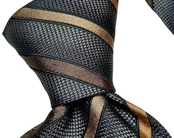 Corbata de seda Vinci vintage, de lujo de los años 2000, jacquard de microestampado negro y gris con rayas bronce, corbata ejecutiva de 9,5 cm de ancho, clásica para negocios, en PERFECTO ESTADO