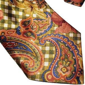Vintage Roberto Mocellini Silk Tie 90s Y2K Green Gingham Paisley Silk Necktie Roberto Mocellini Italy Luxury Check Floral Wide Tie Perfect