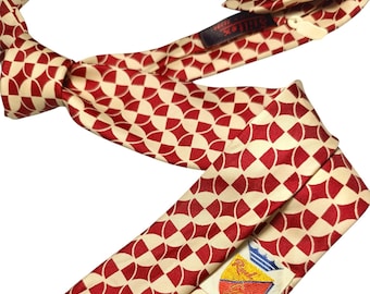 Vintage 60s-70s Silk Tie, Red & Beige Geometric Print, Designer Red Gold, Classic Retro Men's Accessory, Luxury Gift, Brand New Condition