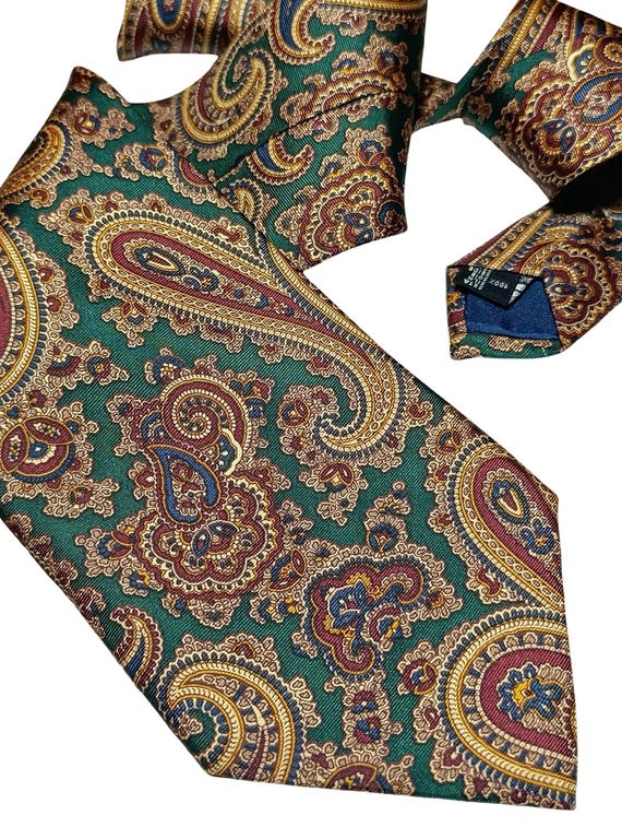 Rare Vintage Thomas & Kent Paisley Silk Tie 90s Forest Green Gold Paisley Necktie Thomas Kent Old Country Style Green Burgundy Tie Perfect