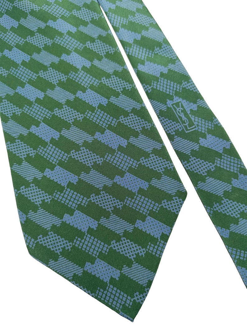 Ultra Rare Vintage Yves Saint Laurent Silk Tie by 70s 80s Wide 12 cm Designer Necktie YSL Paris Green & Blue Geometric Archive Museum Quality image 4