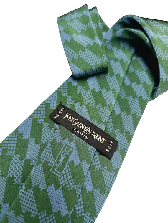 Ultra Rare Vintage Yves Saint Laurent Silk Tie by 70s 80s Wide 12cm Designer Necktie YSL Paris Green & Blue Geometric Archive Museum Quality