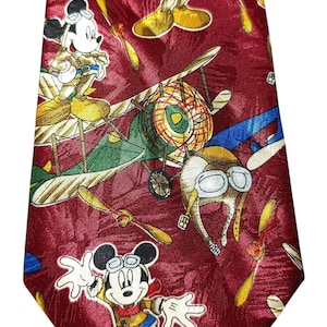 Rare Disney Mickey Mouse Airplane Tie – Red Background, 9.5 cm Wide, Polyester, Vintage Cartoon Necktie Excellent Condition