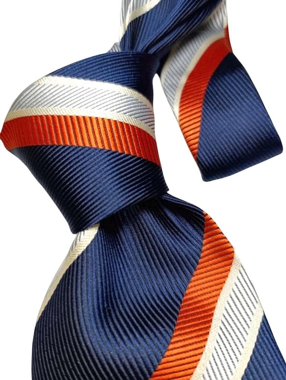 Vintage Katharine Hamnett London Tie 100% Silk Striped Navy Orange 