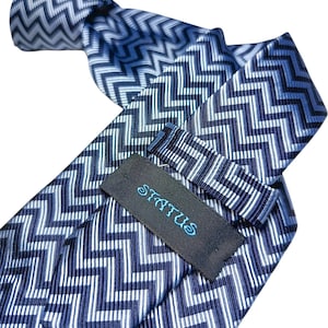 May include: A blue and white patterned tie with a zigzag design. The tie features a label with the word "STATUS" in teal script. The tie is made of a shiny material.