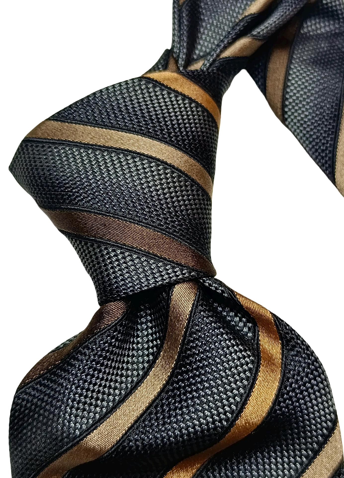 Vintage Vinci Silk Tie, 2000s Luxury Black & Gray Micro-Pattern Jacquard Bronze Striped Executive Necktie 9.5 cm Wide Business Classic MINT