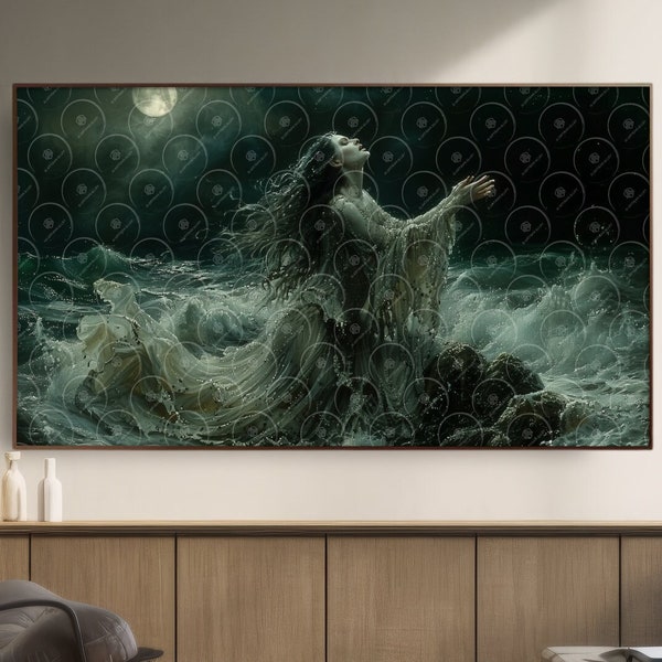 Samsung Frame TV Art, Sirens Longing, Moonlight Serenade Digital Art, Mystical Ocean Lady, Moonlit Waves Fantasy Wall Art Download