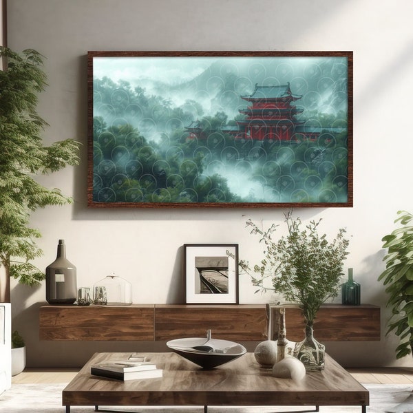 Samsung Rahmen TV Kunst, Flucht aus der Stadt, neblige Berglandschaft Digitale Tapete Asiatisch inspirierte Malerische Ansicht ruhige Natur Hintergrund