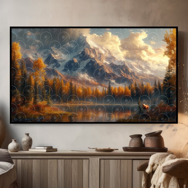 Samsung Frame TV Art, Majestic Freedom, Autumn Landscape Digital Wallpaper, Majestic Mountains with Reflection, Forest and Horse Scenery