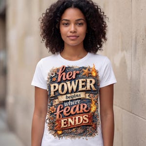 Her Power Begins Where Fear Ends, Feminist Quote Design, Patchwork Style Graphic, PNG for DTF Sublimation