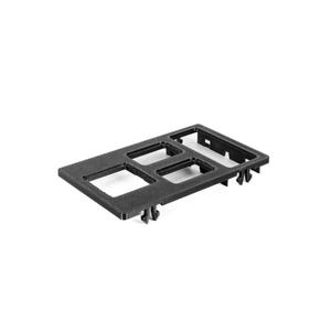 May include: A black plastic automotive console insert with rectangular and square openings. The insert has a textured surface and several tabs along the edges for secure installation. The design is for a vehicle's interior.