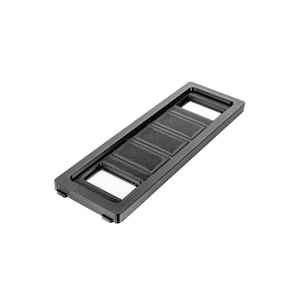 May include: A black plastic film holder, rectangular in shape, with three rectangular compartments and two open spaces. The holder is designed for film strips and is set against a white background.