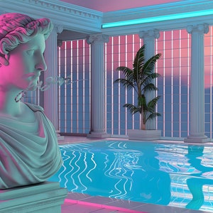 May include: A white marble bust of a woman with a pink and blue neon glow, set against a backdrop of a swimming pool and palm trees in a modern, minimalist setting.