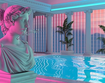 Vaporwave Pool Print, Greek Statue, Palm Trees (Digital Download)