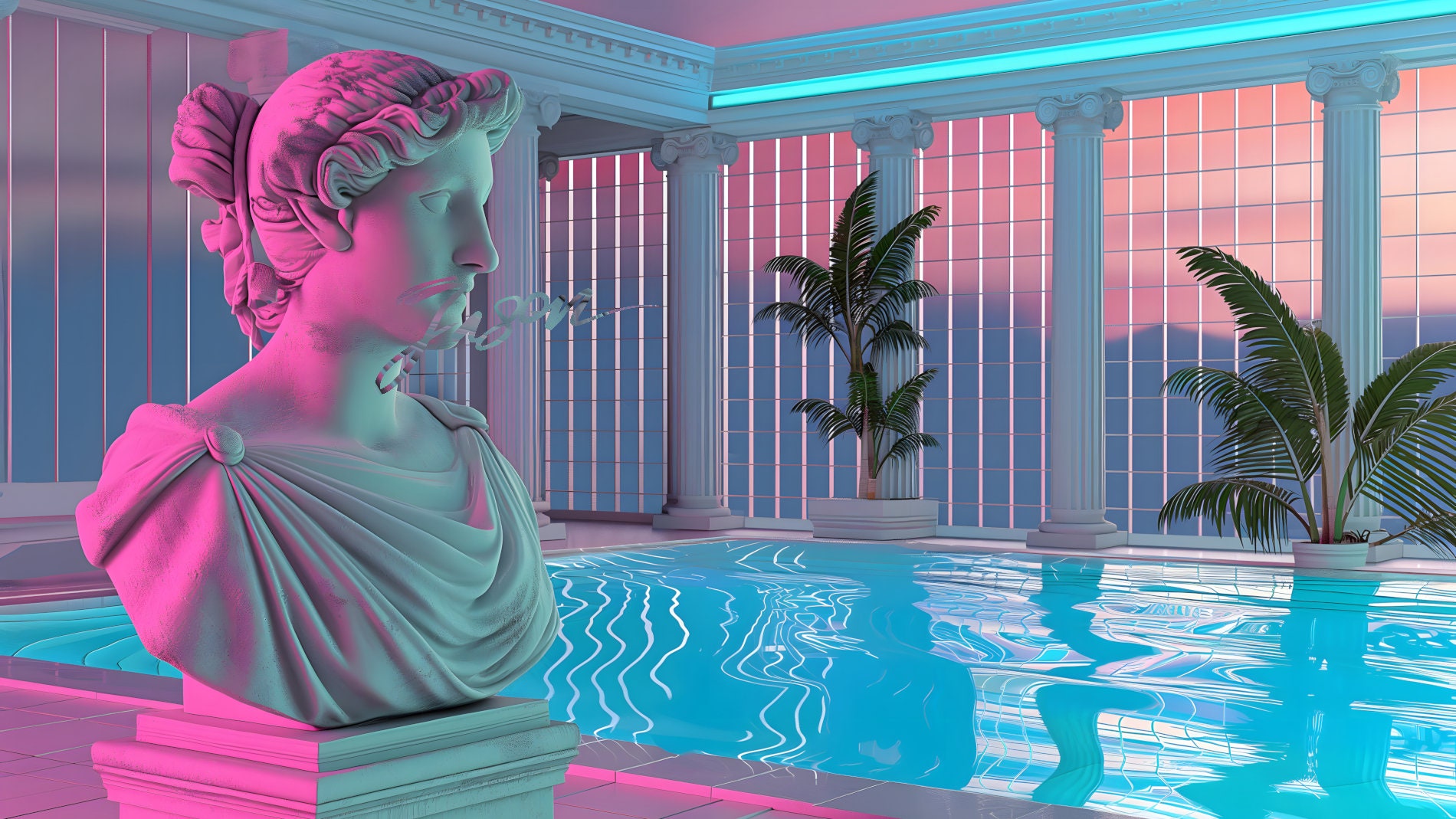 Vaporwave Pool Print, Greek Statue, Palm Trees (digital Download