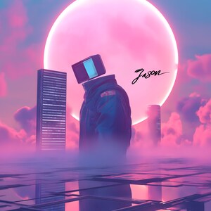 Op de afbeelding: Een digitale kunst-illustratie van een persoon met een televisiescherm als hoofd, die in een futuristisch landschap staat met een grote roze maan op de achtergrond. De tekst "Jason" is in de lucht geschreven.