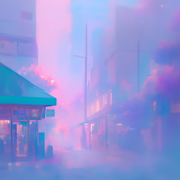 A4 Print | Series 1 | #7 | Blue Street Fog, Pink Urban Glow, Atmospheric Art Print