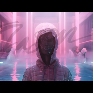 Puede incluir: Un grupo de figuras con chaquetas blancas con capucha se encuentran en una piscina de agua. Las figuras están en un entorno futurista con iluminación rosa y azul. Las figuras están parcialmente sumergidas en el agua.