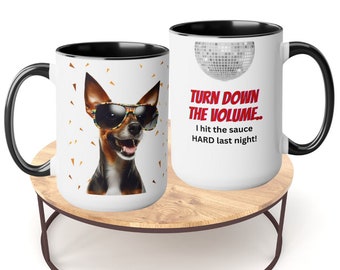 Tazas de café del sábado, Taza de perro, Taza de café Pinscher, Taza de perro Derpy, Taza de café, 15 oz _Baja el volumen, Anoche le di fuerte a la salsa