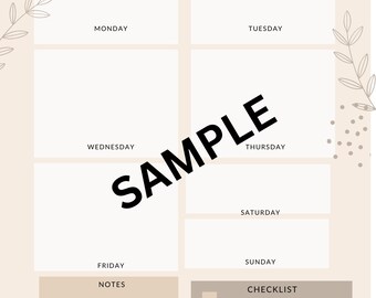 Op de afbeelding: Een weekplanner met een beige achtergrond en bruine accenten. De planner is verdeeld in zeven secties voor elke dag van de week, met een notitiesectie en een checklist. De tekst "WEEKLY PLANNER" staat bovenaan de pagina. De tekst "SAMPLE" staat schuin over de pagina.