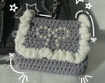 crochet coquette wallet cute small gray white card holder pearl bow gift present for girlfriend