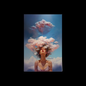 May include: A woman with her eyes closed and head tilted back, surrounded by fluffy pink clouds against a blue sky.